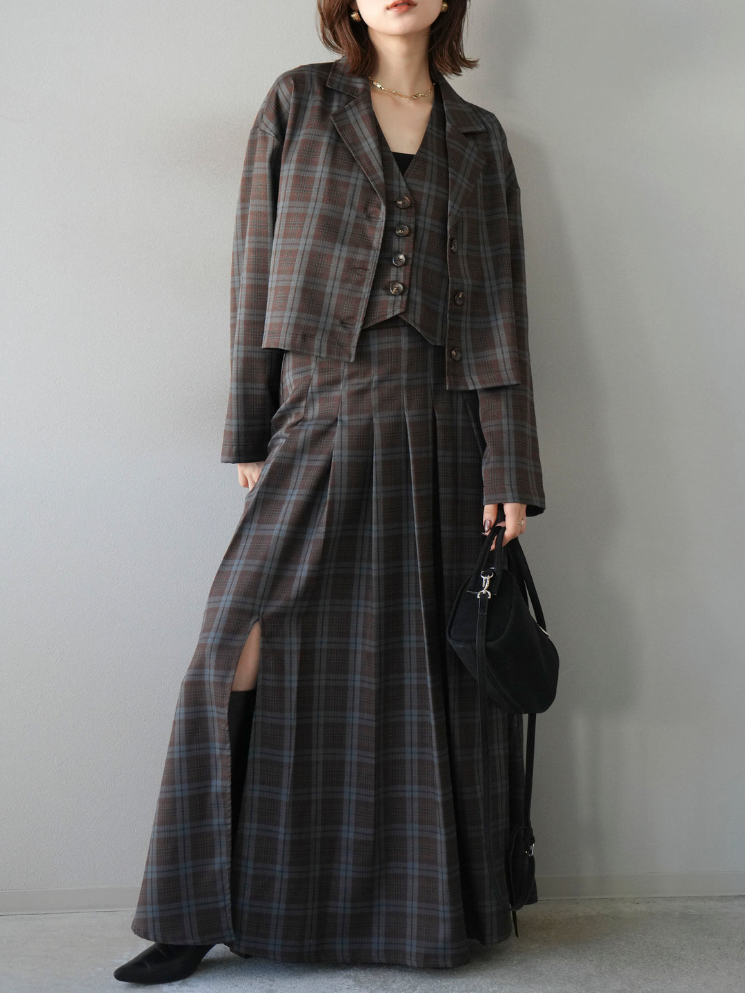 [SET]チェック柄ショートジャケット+チェック柄ベスト+チェック柄タックフレアスカート(3set)
