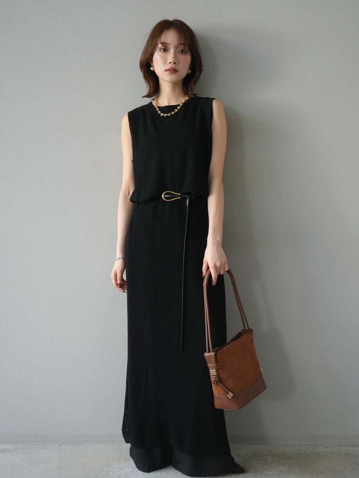 [予約]メッシュ切替ノースリーニットワンピース/black