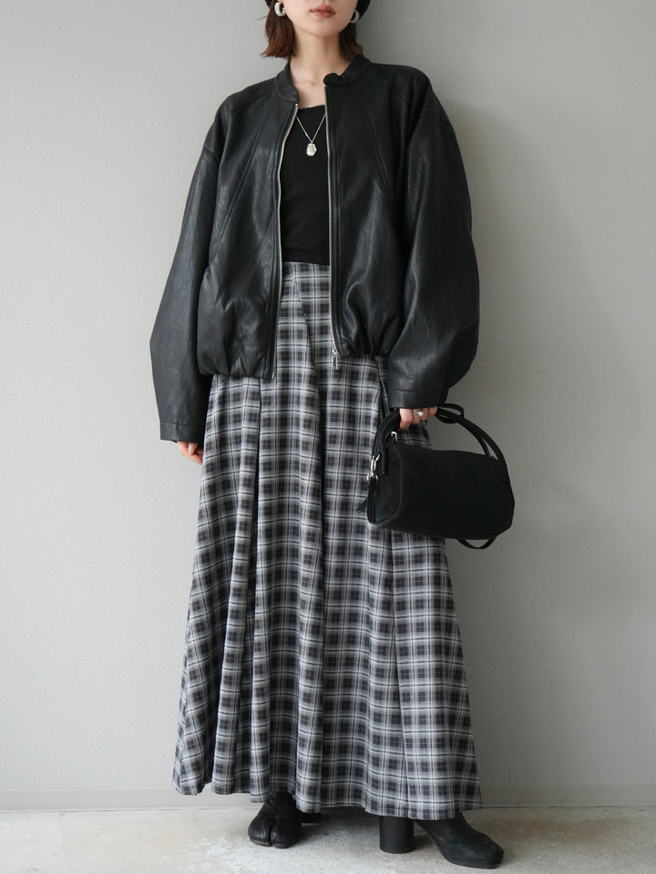 [予約]チェックタックフレアロングスカート/ ブラック