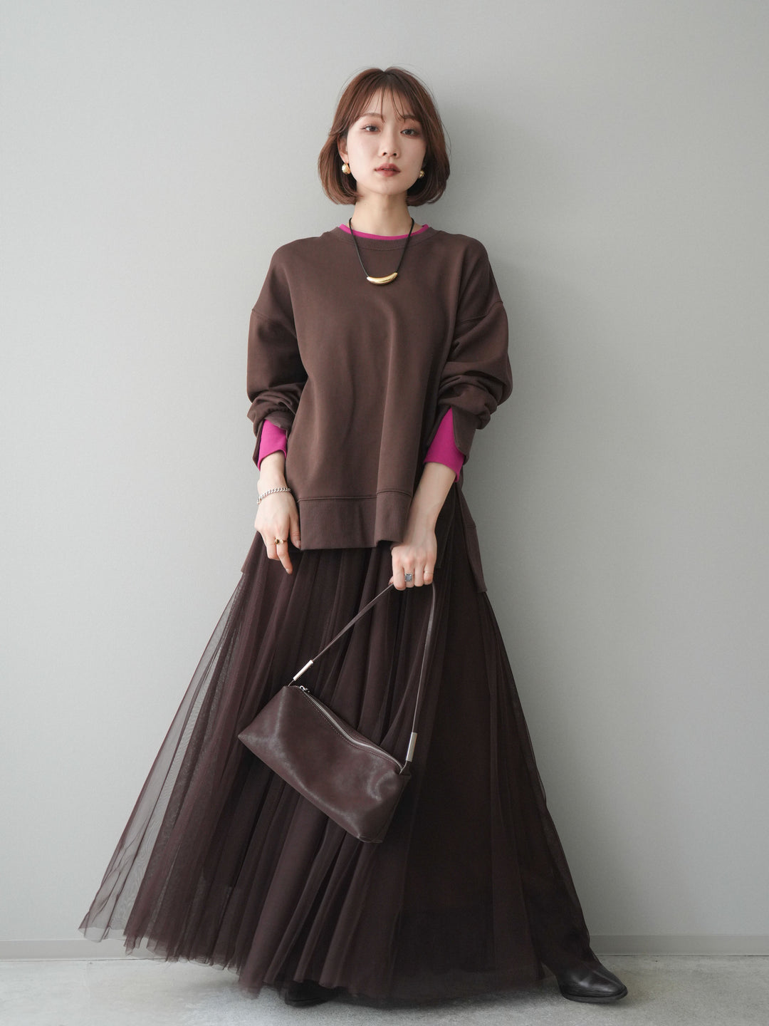 [SET]配色レイヤードデザインスエットプルオーバー+チュールボリュームスカート(2set)