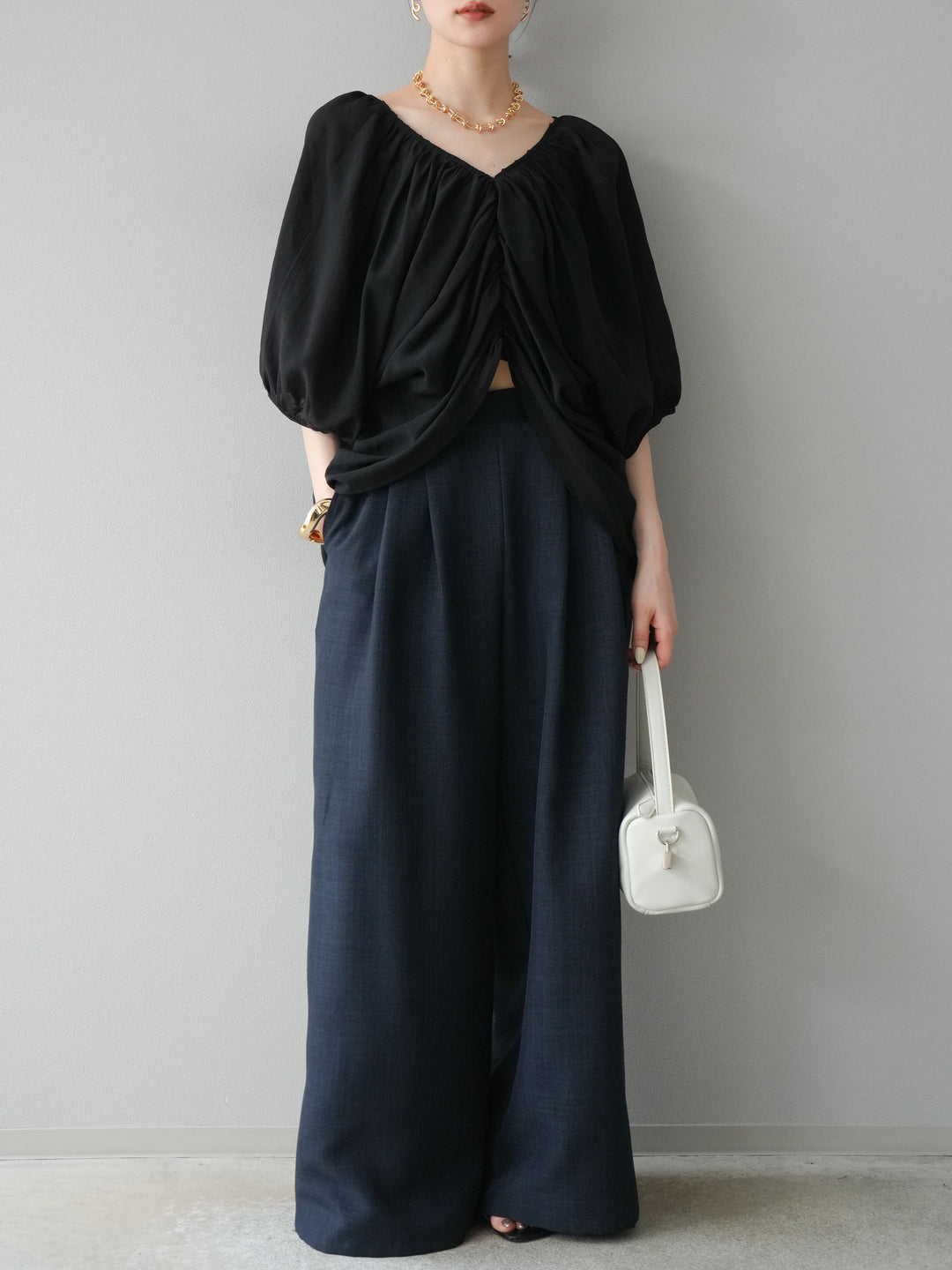 [SET]ボリュームスリーブシアータックブラウス+リネンライクイージーワイドパンツ(2set)