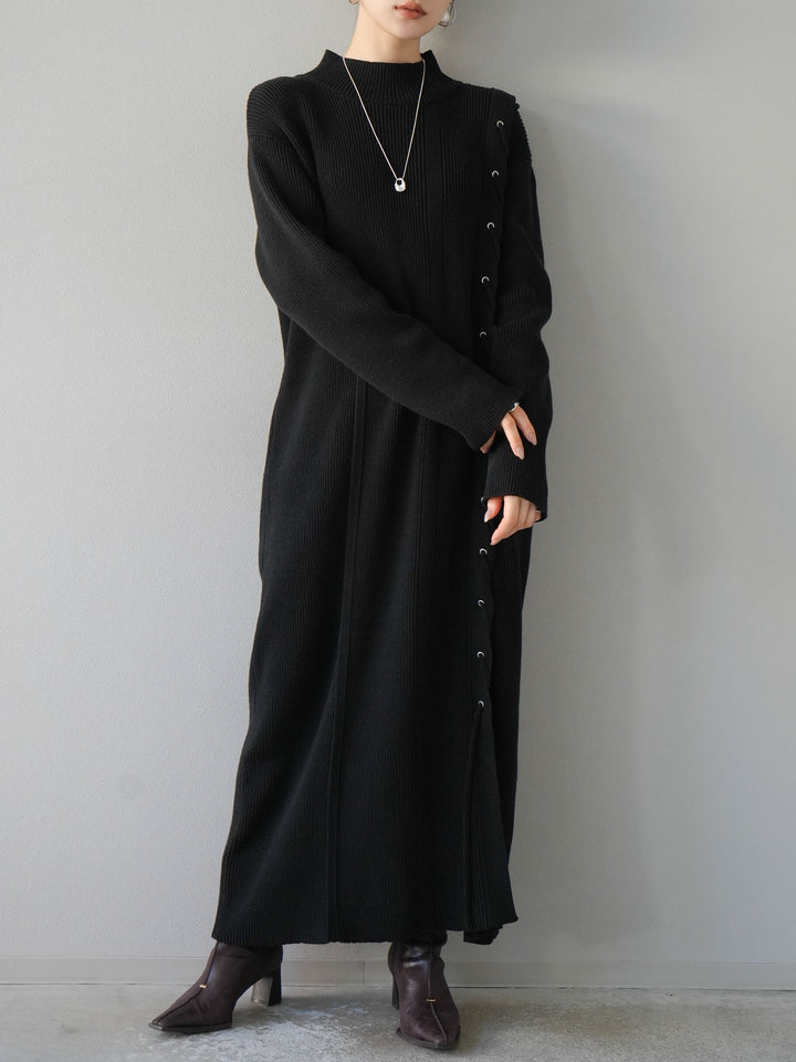 [SET] 不對稱繫帶高領針織連身裙 + 可選飾品套裝 (2套)