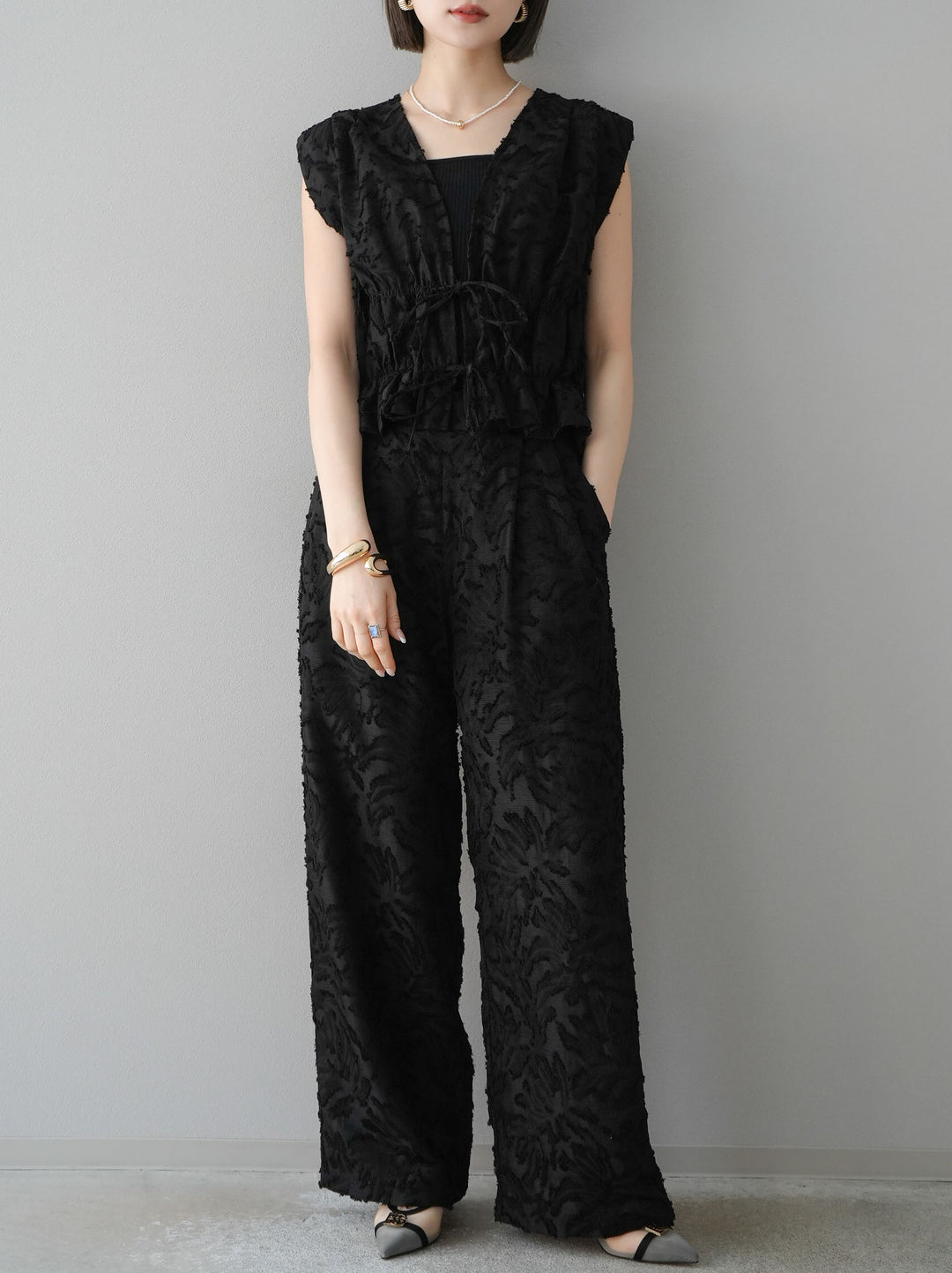 【預購】透視提花褶皺寬褲/黑