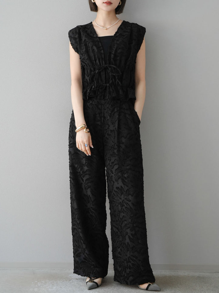 【預購】透視提花褶皺寬褲/黑