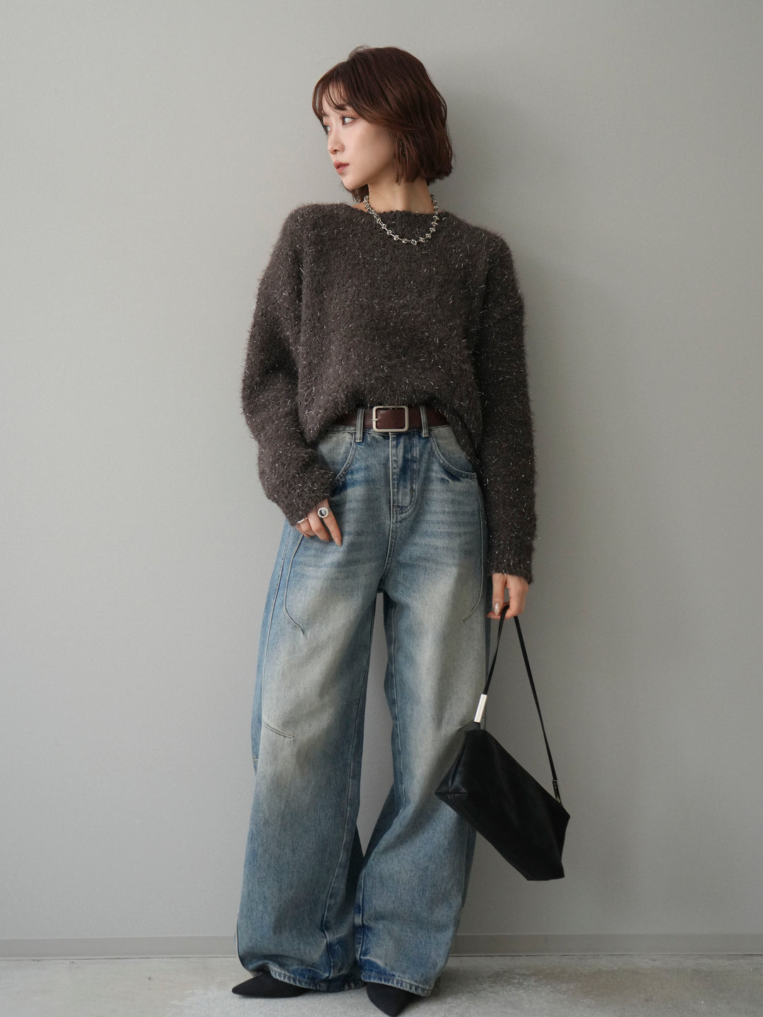 [SET]モールラメミックスヤーンニットプルオーバー+ベルト付カーブデニムパンツ(2set)