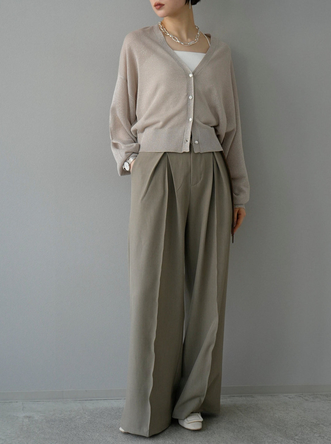 [SET] Lame sheer knit cardigan + design tuck wide pants (2set)