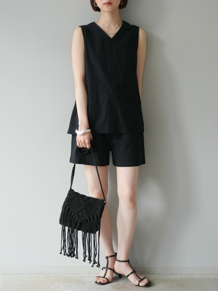 [套裝] 亞麻V領襯衫與短褲套裝（2套）