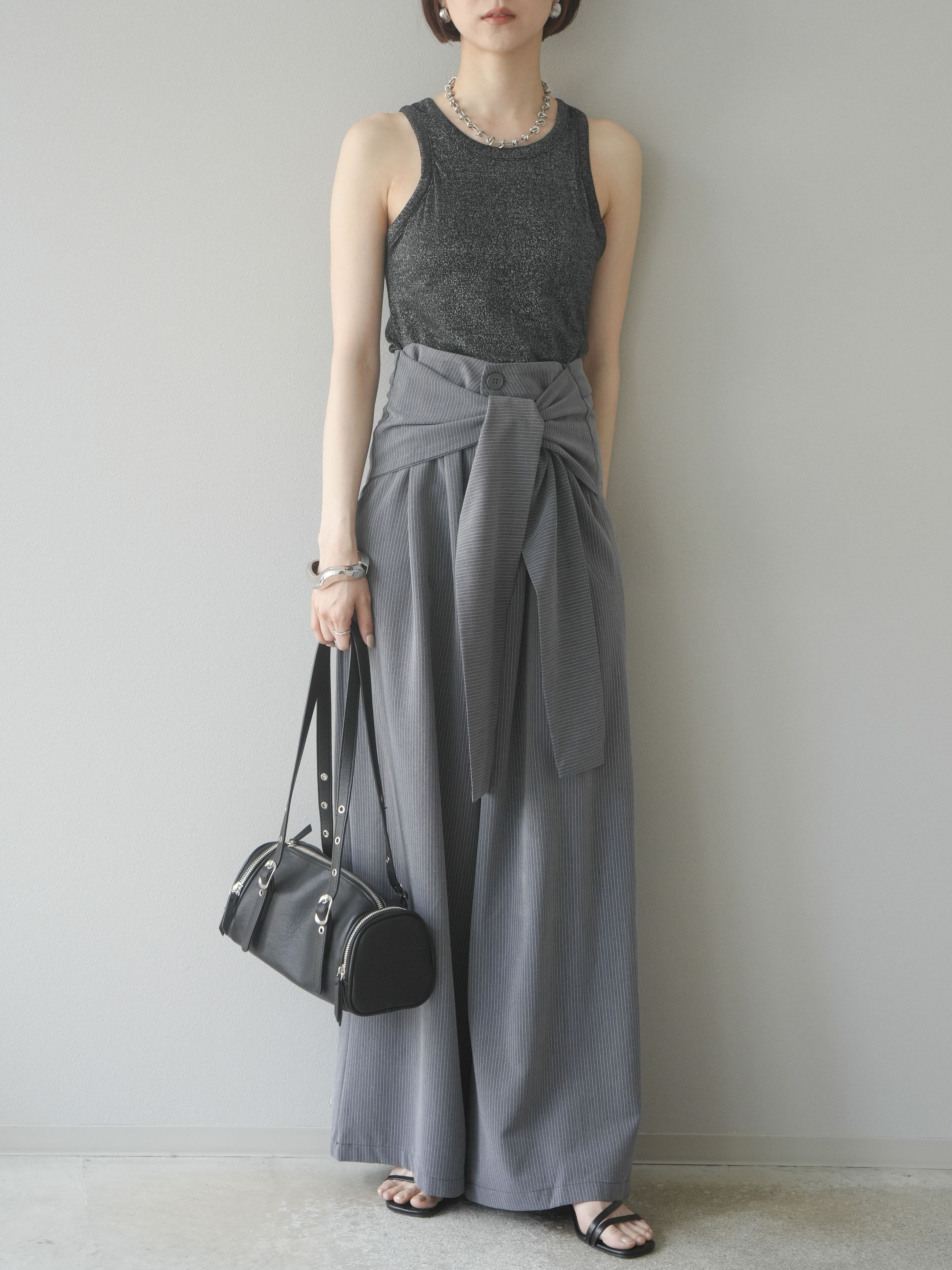 ストライプ ワイドパンツ グレー 予約]ウエスト巻きストライプワイドパンツ/グレー – Lumier