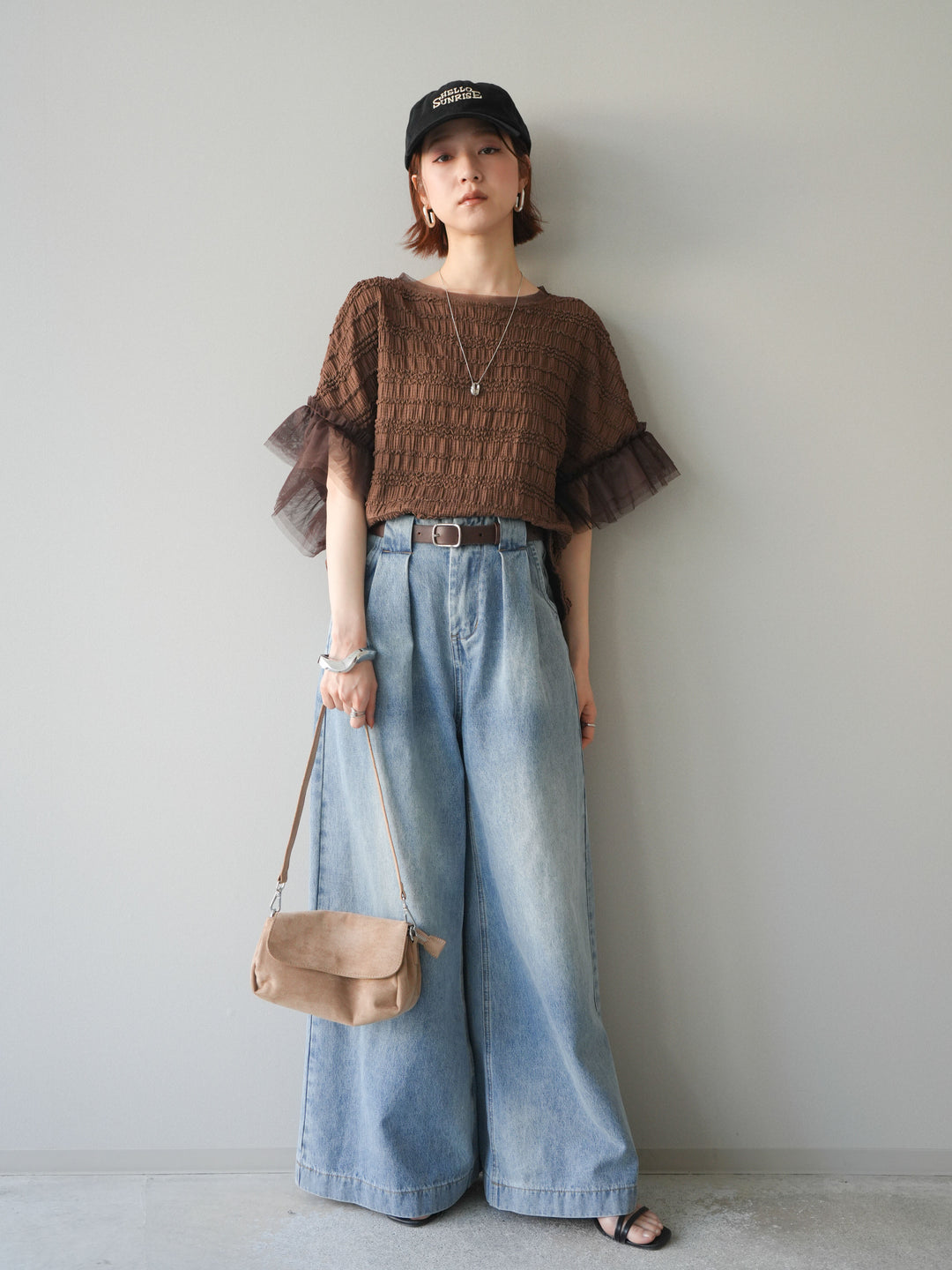 [予約]チュール袖リップルトップス/brown