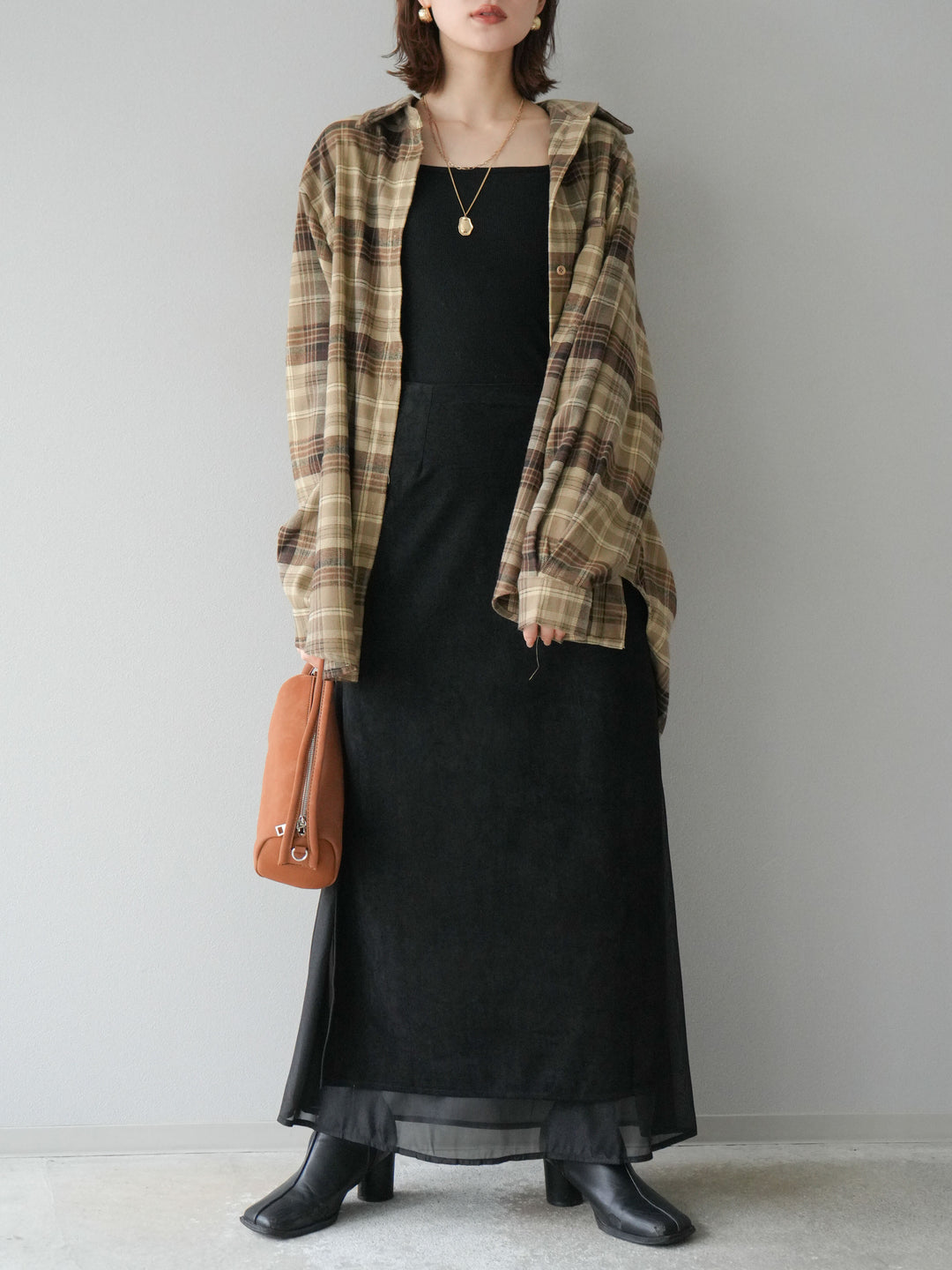 [予約]サイドスリットスウェードドッキングシフォンスカート/ブラック