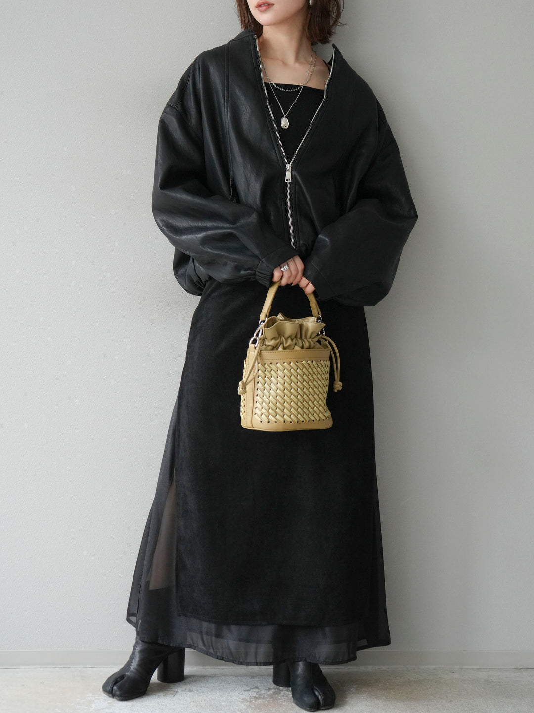 [予約]サイドスリットスウェードドッキングシフォンスカート/ブラック