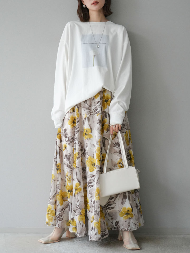 [予約]フラワープリントボリュームフレアスカート/イエロー