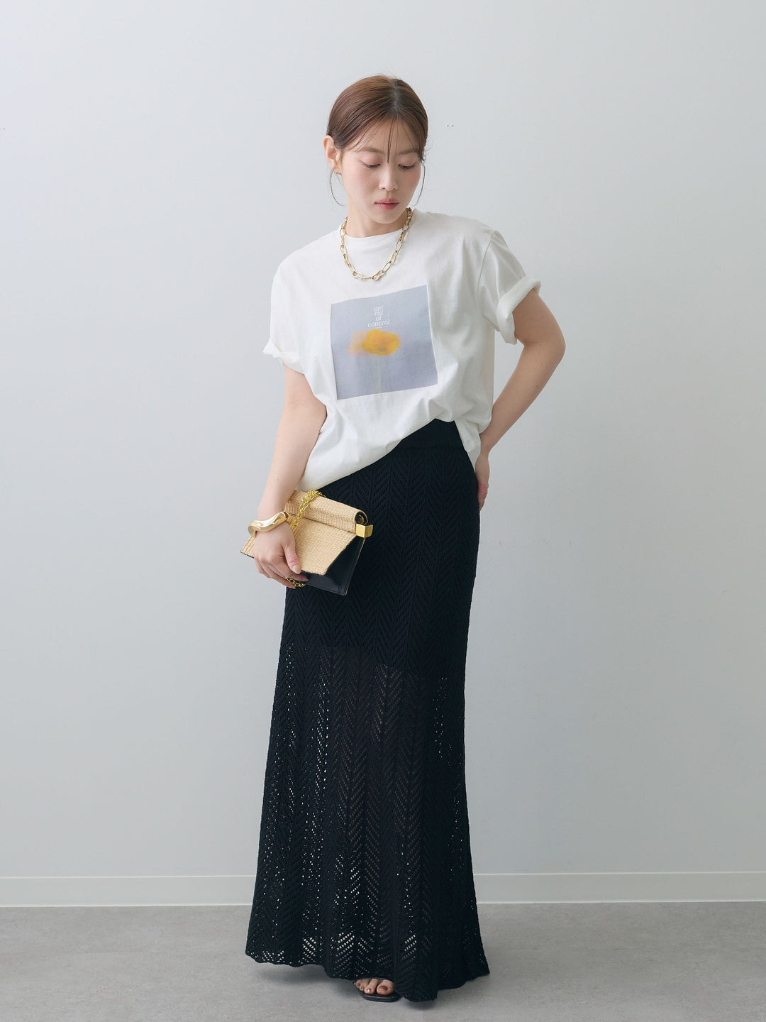 [SET]ニュアンスフローラルフォトTEE+クロシェシアーセミフレアスカート(2set)