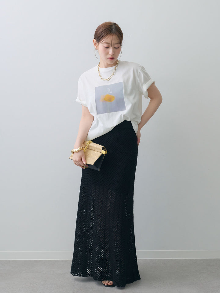 [SET]ニュアンスフローラルフォトTEE+クロシェシアーセミフレアスカート(2set)