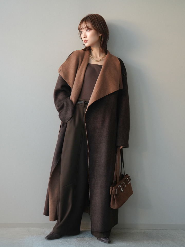 [予約]ダブルフェイスバイカラーロングコート/brown