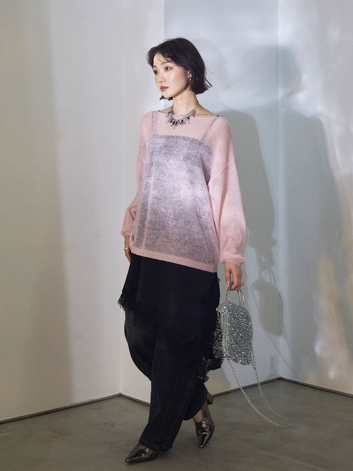 【Allure】[SET]モヘアタッチ透かし編みボートネックニットプルオーバー+アシメカーブデニムパンツ(2set)