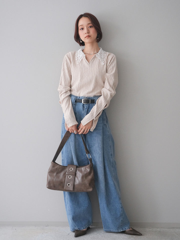 [SET]袖スリットレースカラートップス+袖スリットレースカラートップス(2set)