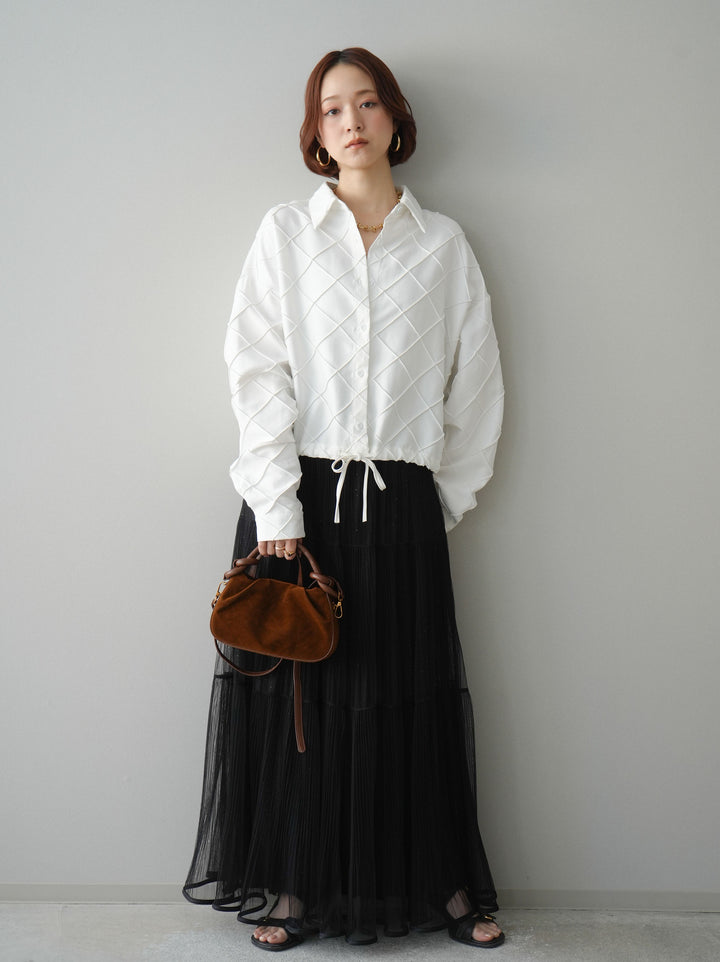 [予約]ラメプリーツレイヤードチュールロングスカート/black