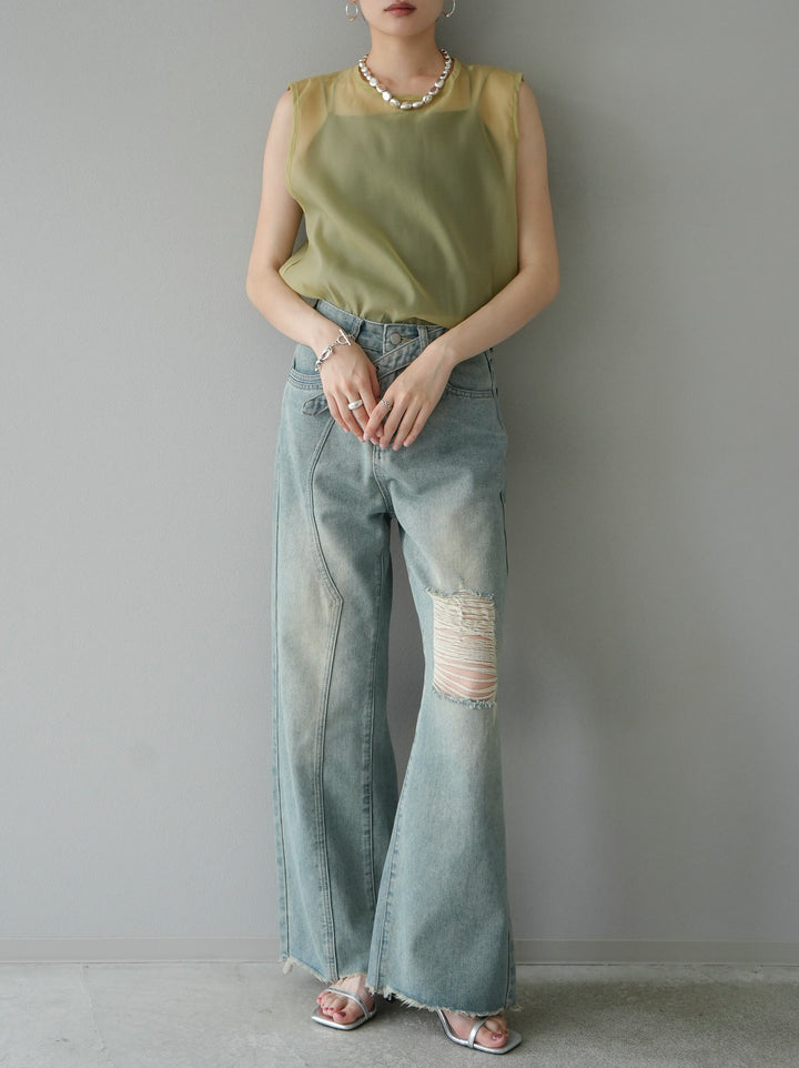 [SET] Organdy sleeveless top + belt asymmetrical damaged denim (2set)