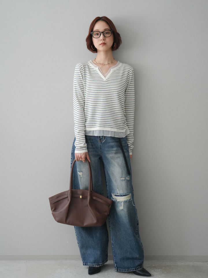 [SET]チュールレイヤードデザインボーダーニットトップス+ダメージデニムセミワイドパンツ(2set)