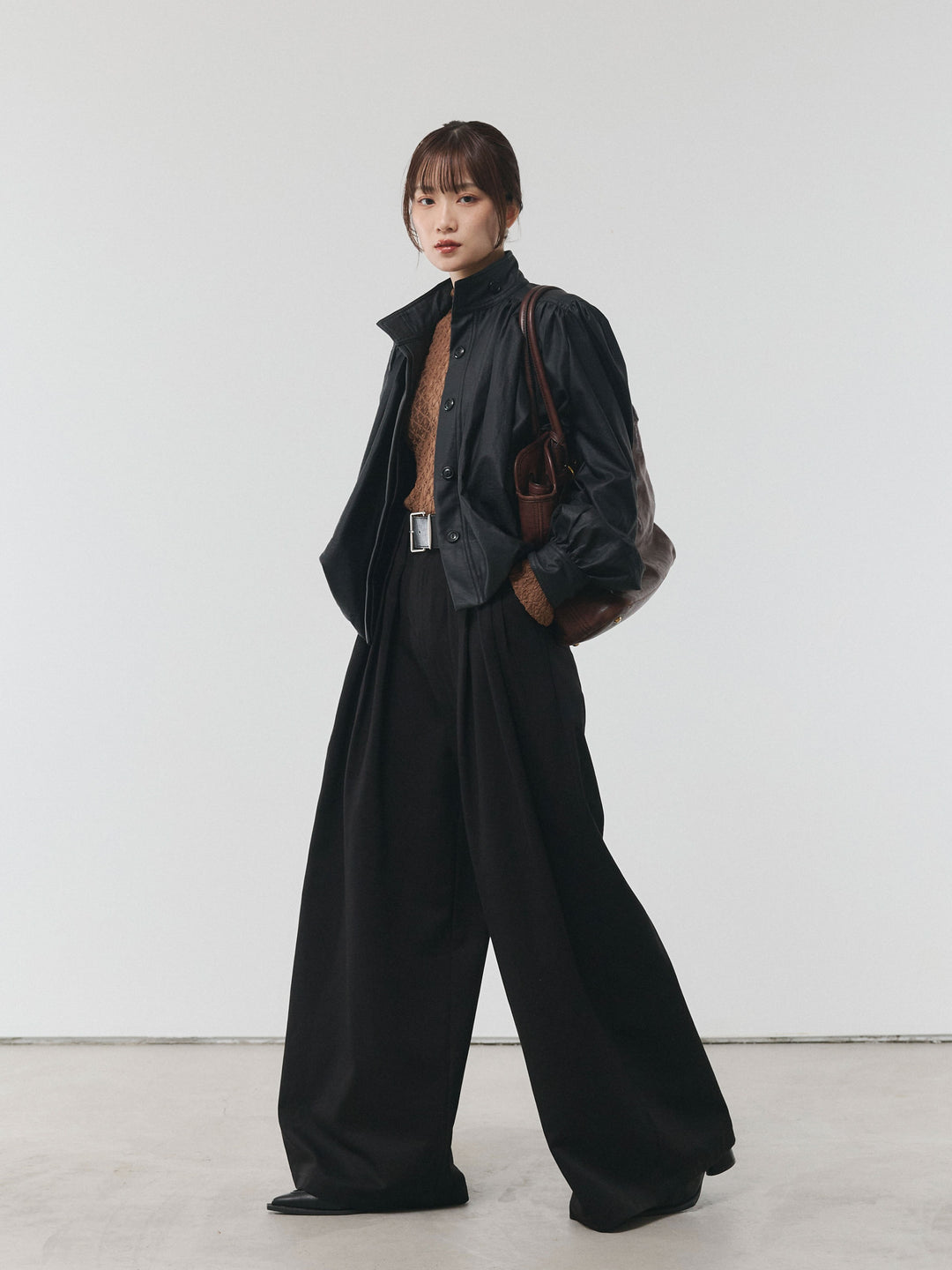 【Allure】[SET]フラワーレーストップス+ベルト付ダブルループワイドパンツ+ベルト付バルーンレザーブルゾン(3set)