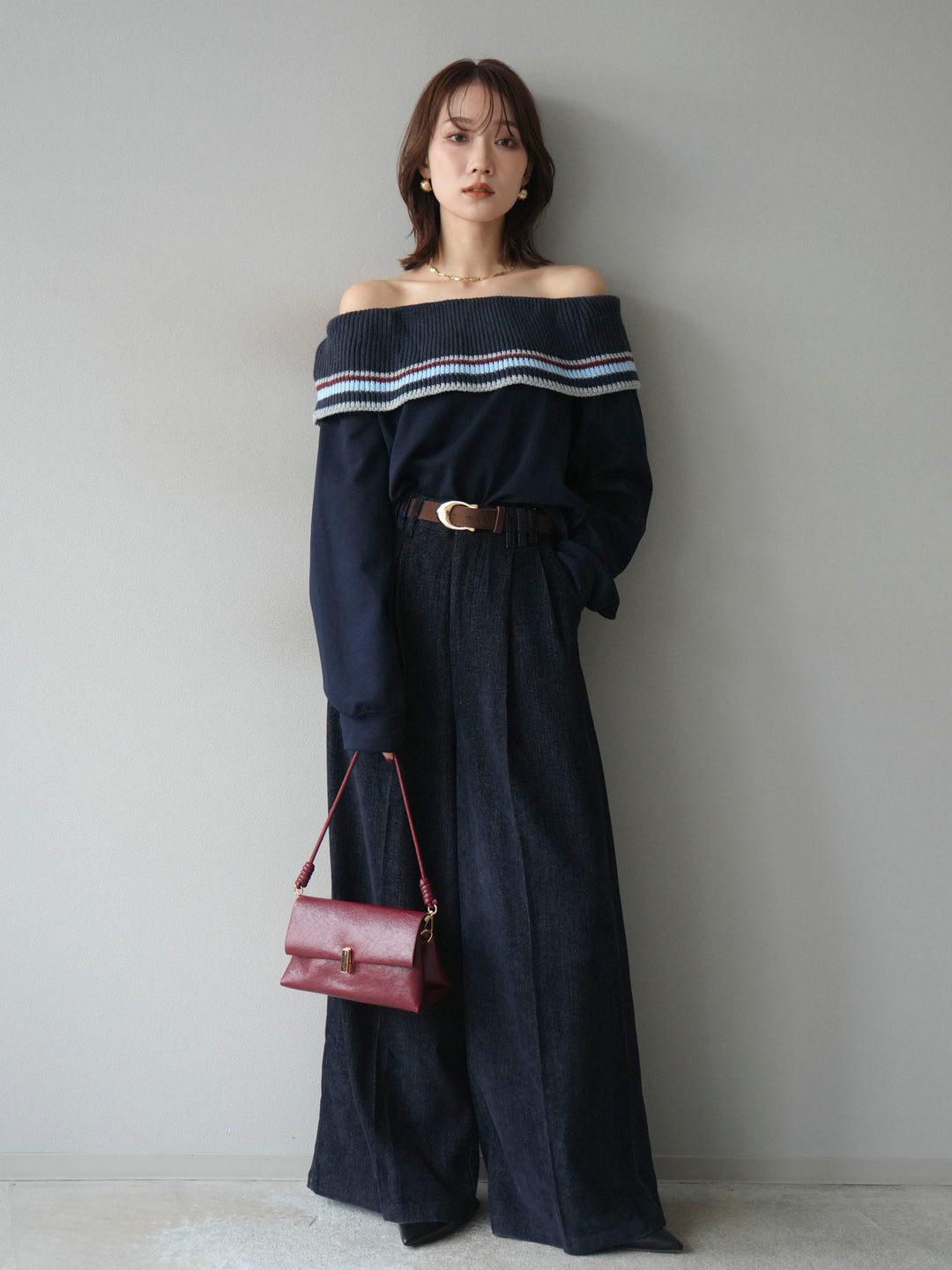 [予約]ボーダーニットオフショルダーxスウェットプルオーバー/navy