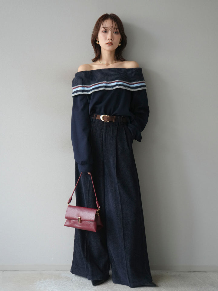 [予約]ボーダーニットオフショルダーxスウェットプルオーバー/navy