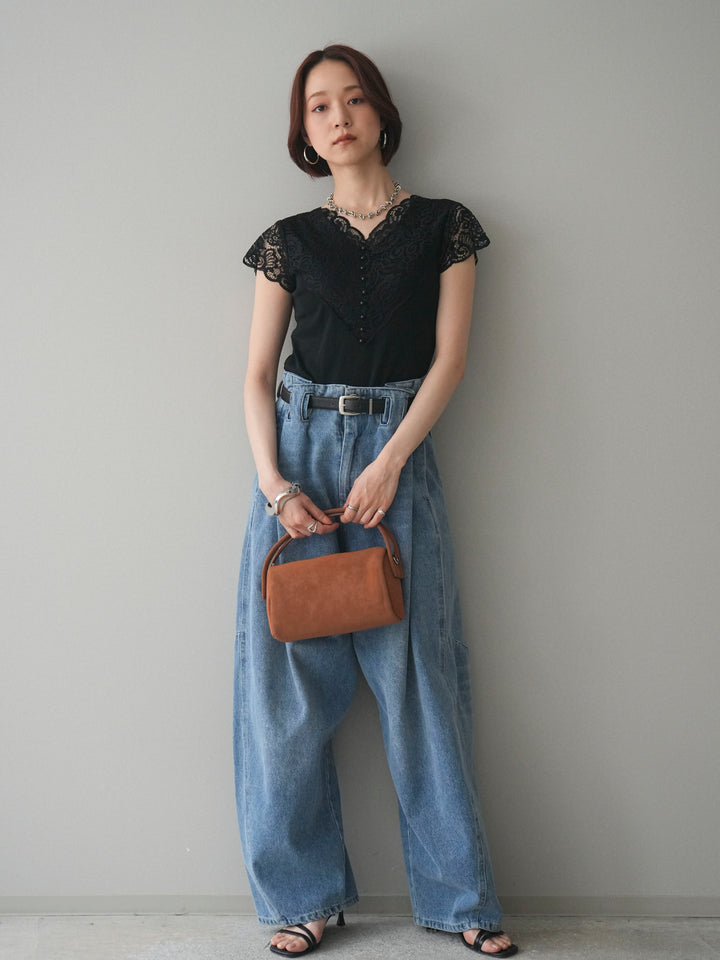 [SET]パールボタンレース切替ニットトップス+ハイウエストベルトループデザインデニムパンツ(2set)