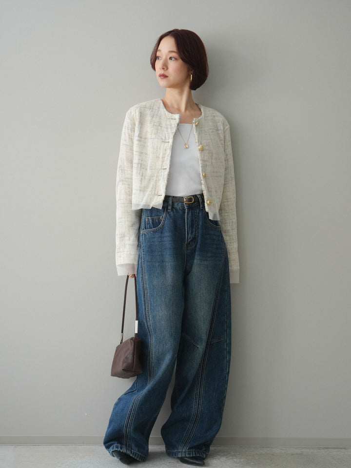 [予約]チュールレイヤードツイードクロップドジャケット/pink