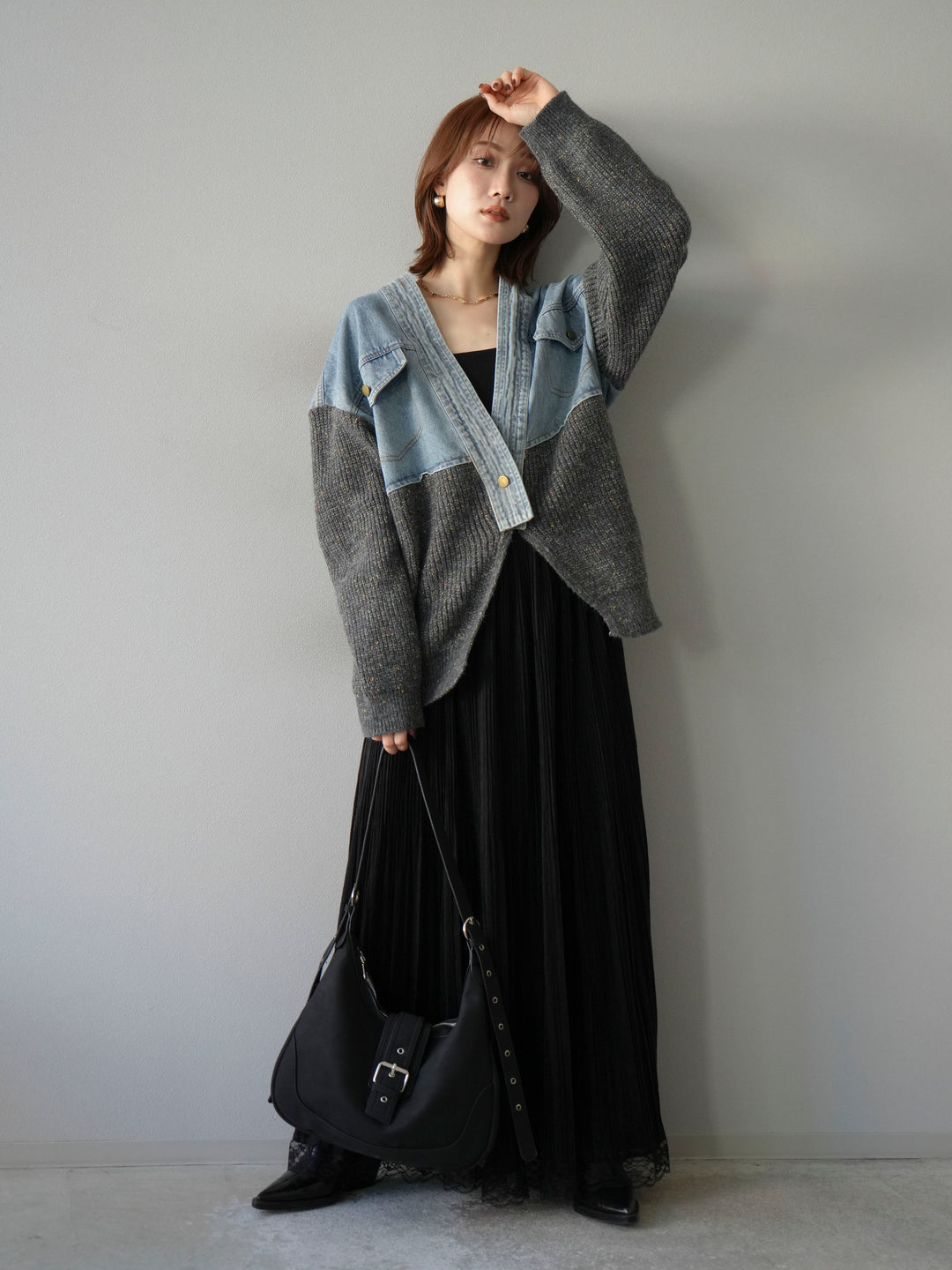 [予約]デニム切替ネップニットカーディガン/グレー