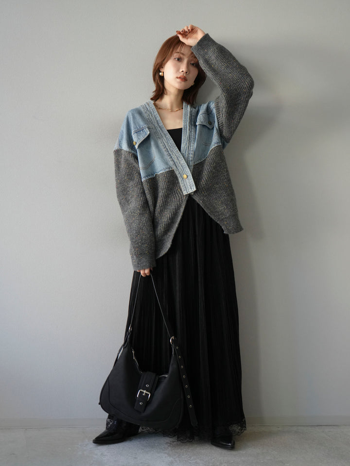 [予約]デニム切替ネップニットカーディガン/グレー