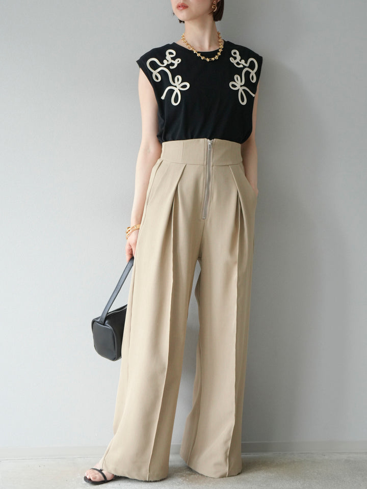 [SET]コード刺繍フレンチスリーブTシャツ+ジップタックワイドパンツ(2set)