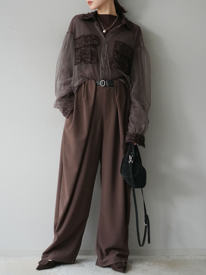 [SET]フリンジジャガード×チュールレイヤードシャツ+アームシャギーランダムリブニットトップス+ベルト付タックワイドパンツ(3set)