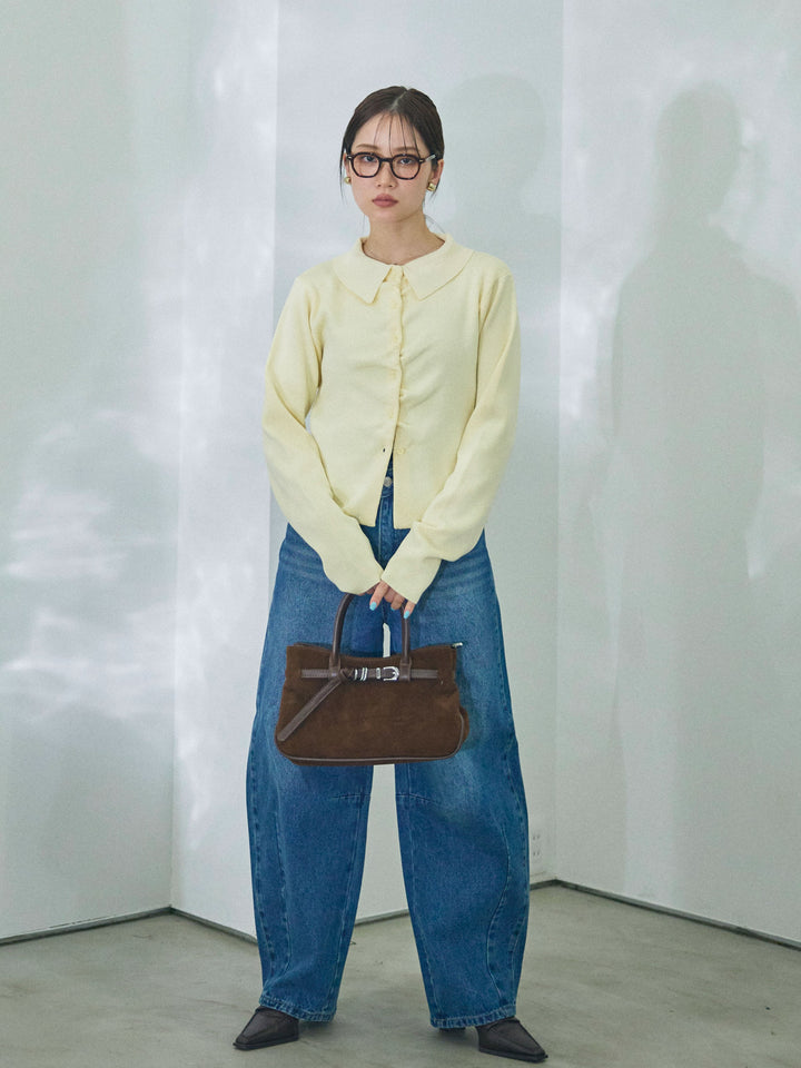 [予約]襟付きギャザーニットカーディガン/yellow