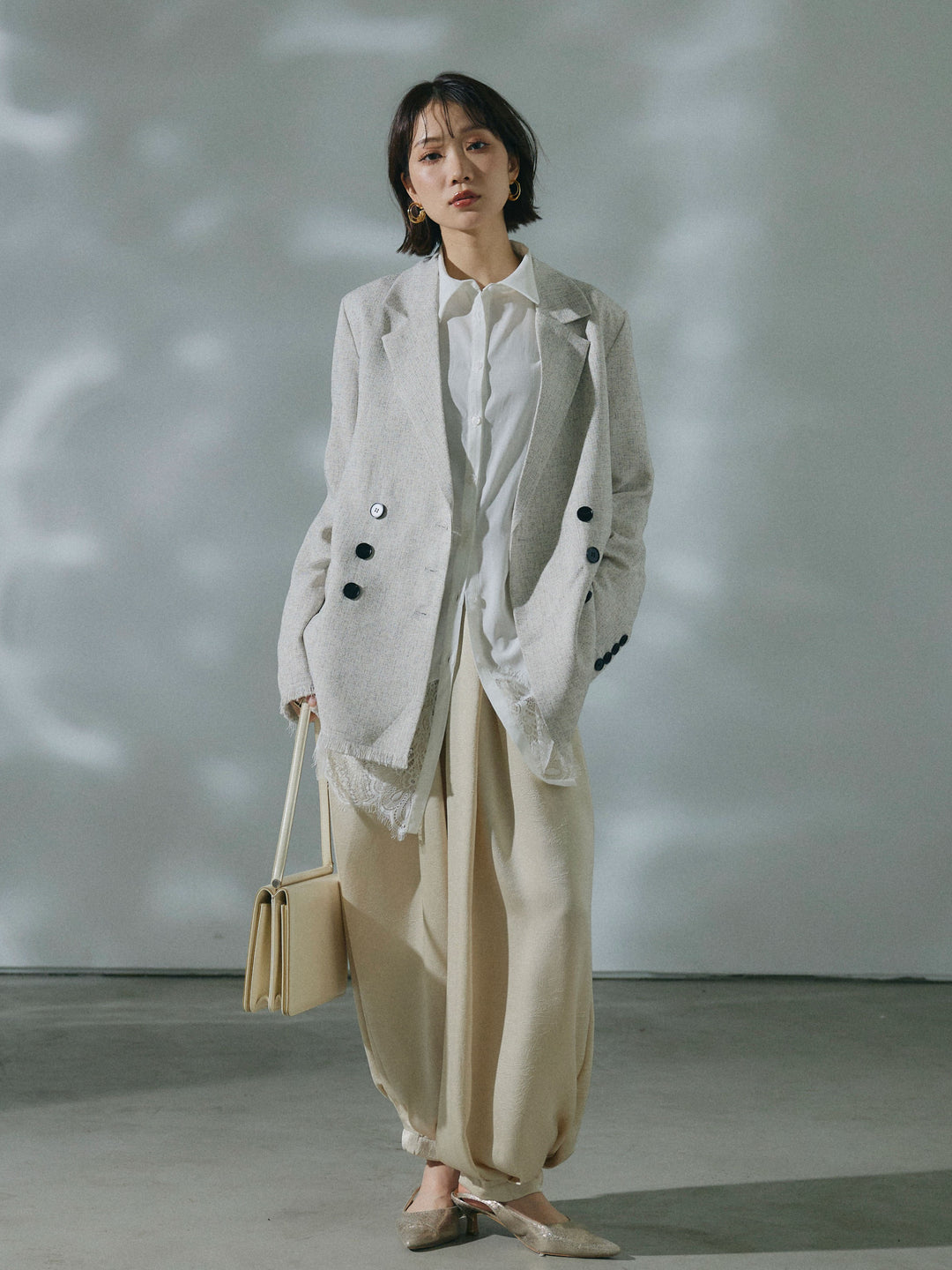 【Allure】[SET]スラブツイードフリンジテーラージャケット+ワッシャーサテンタックジョガーパンツ(2set)