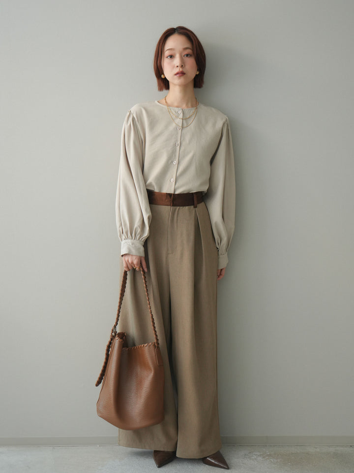 [予約]サテンベルトタックワイドパンツ/beige