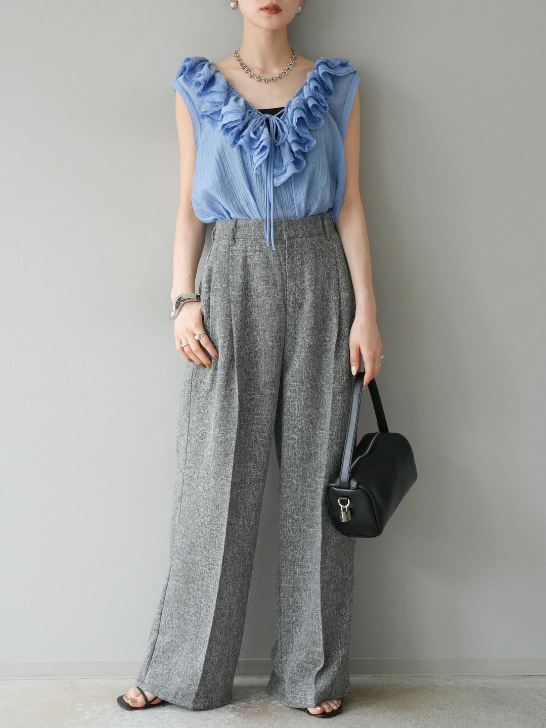 [預購] 混合粗花呢褶襉褲/黑色