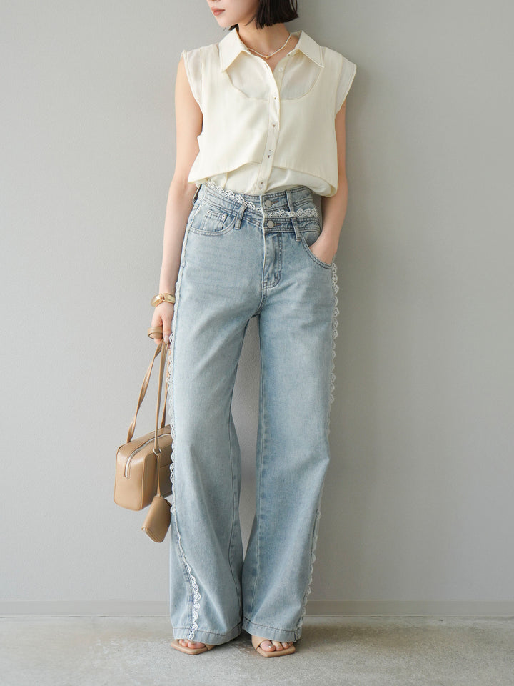 【預購】Line蕾絲牛仔褲/淺藍