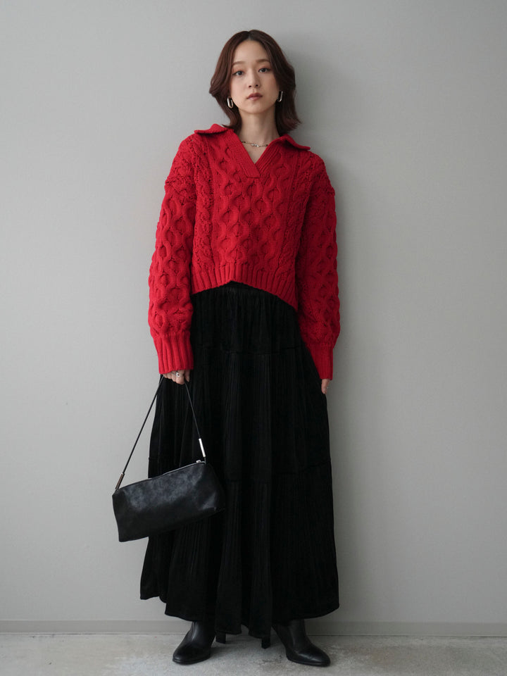 [SET]バルキーケーブルクロップド開襟プルオーバー+ベロアティアードワッシャースカート(2set)