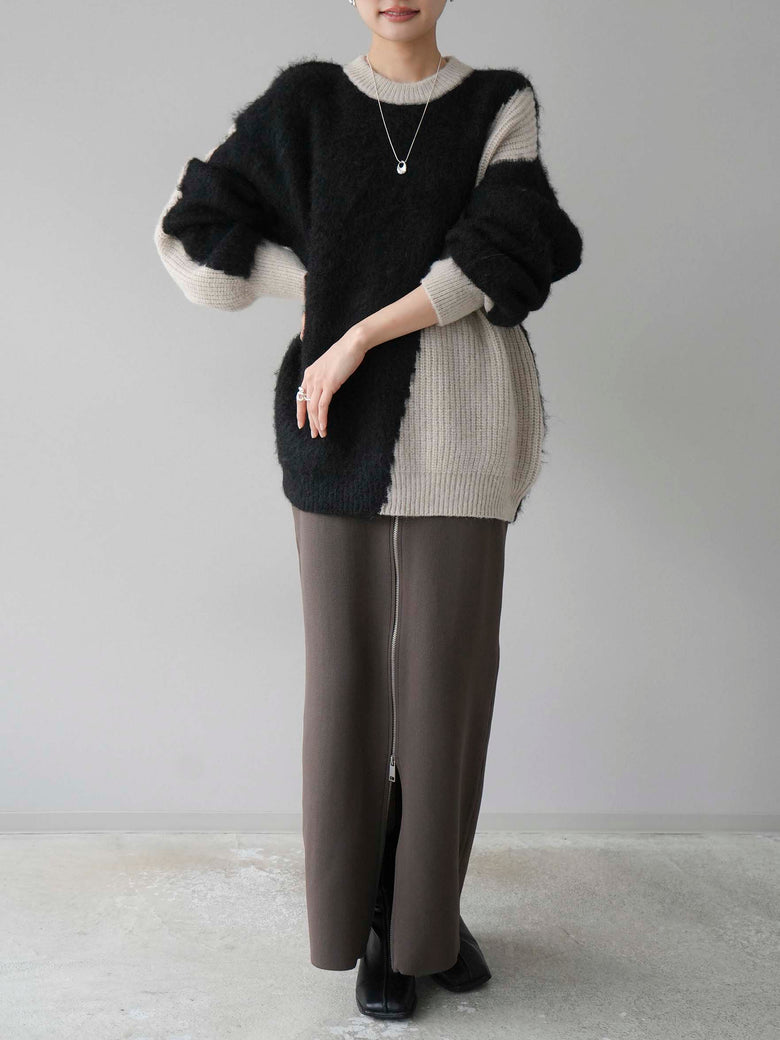 予約]異素材配色ボリュームスリーブニットプルオーバー/ブラック – Lumier 