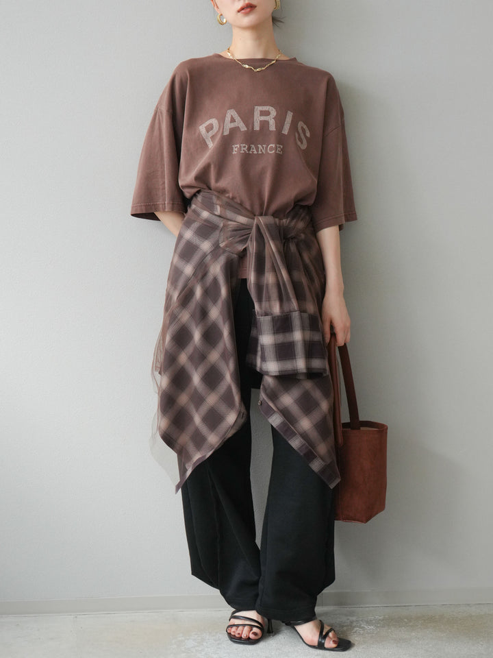 [SET]ピグメントロゴプリントTシャツ+2WAYデザインスウェットパンツ+チュールドッキングチェック柄オーバーサイズシャツ(3set)