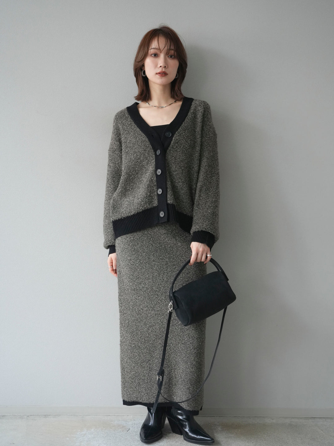 [予約]ブークレバイカラーニットカーディガン/charcoal