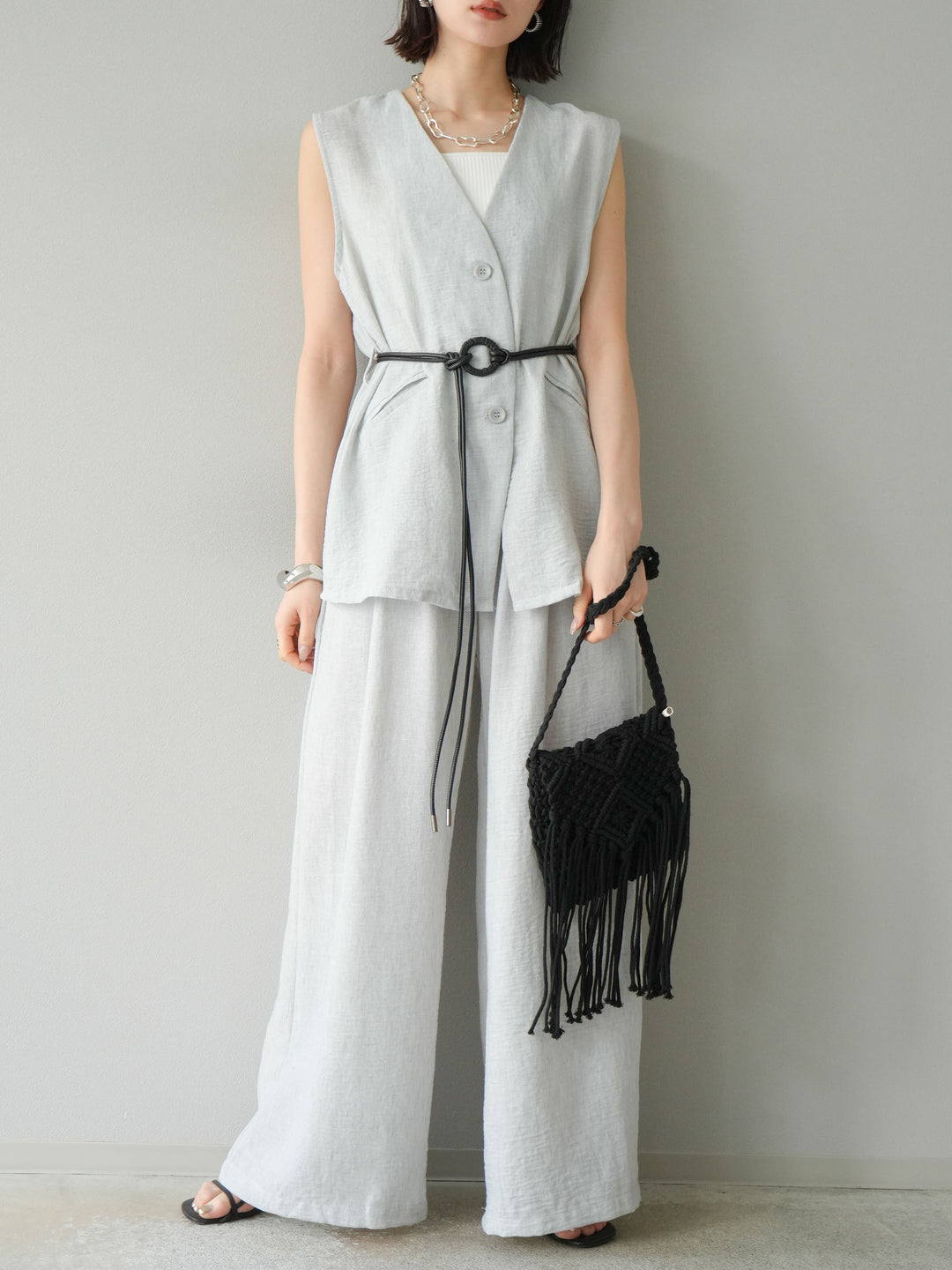[SET]ベルト付リネンタッチベスト＆ワイドパンツSET UP(2set)