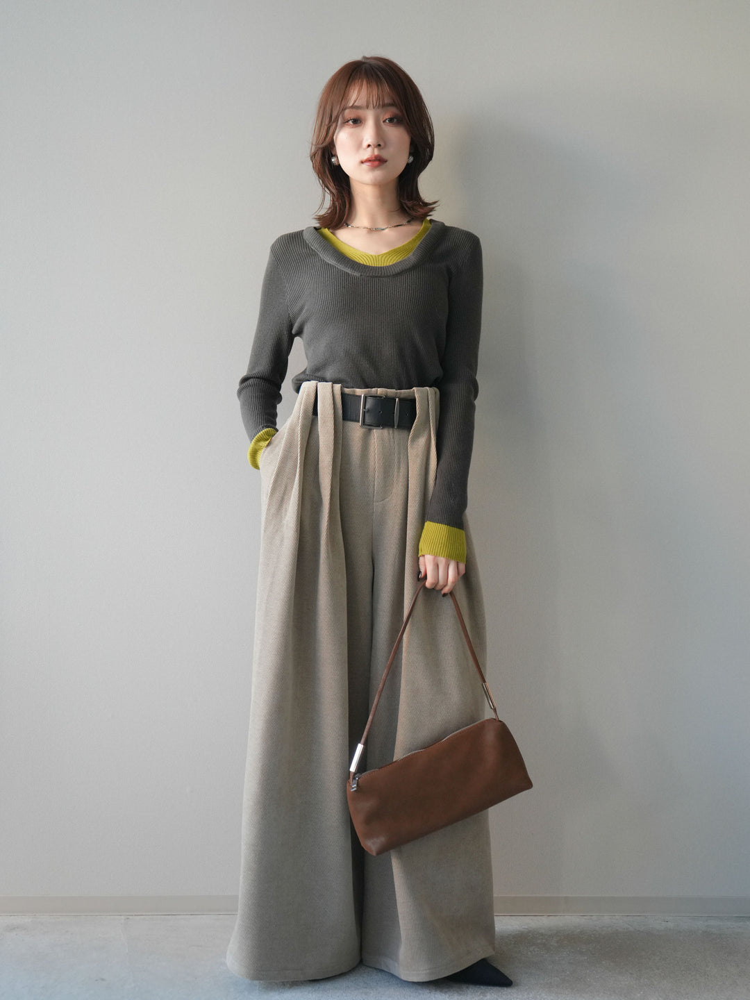 [予約]ベルトデザインループコールテンワイドパンツ(ベルト付き)/beige