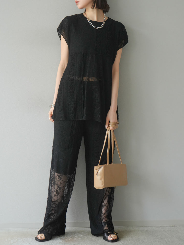 【預購】拼布蕾絲寬褲/黑