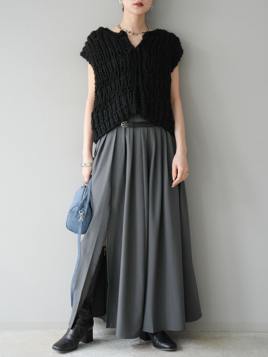 [予約]エステルプリーツスリットスカート/グレー