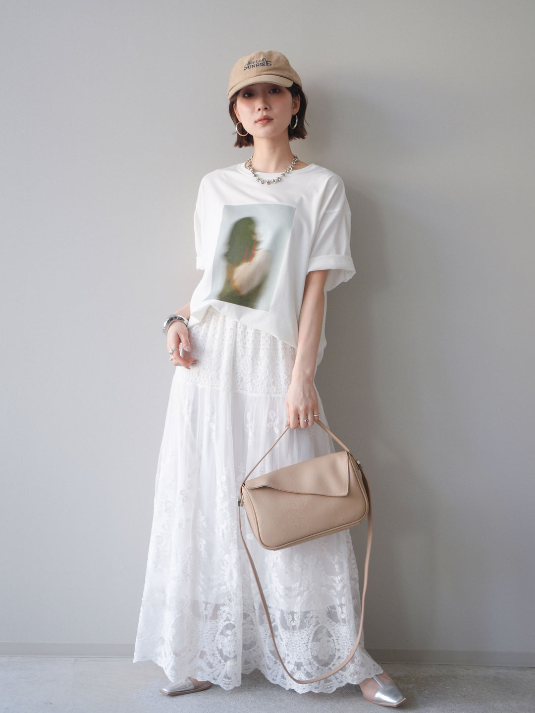 [SET]ブラーアートフォトTシャツ+シアーレースマキシスカート(2set)