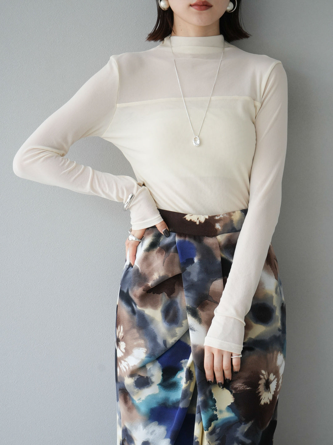 [SET]シアー切替ストレッチ長袖トップス+シアー切替ストレッチトップス(2set)