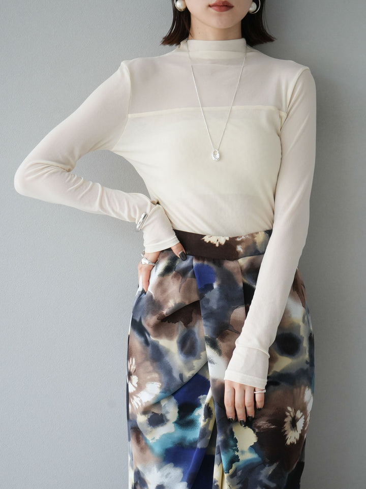 [SET]シアー切替ストレッチ長袖トップス+シアー切替ストレッチトップス(2set)