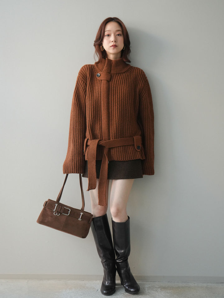 [SET]畦編みボトルネックZIPニットカーディガン+ウールタッチベルト付ミニスカート(2set)